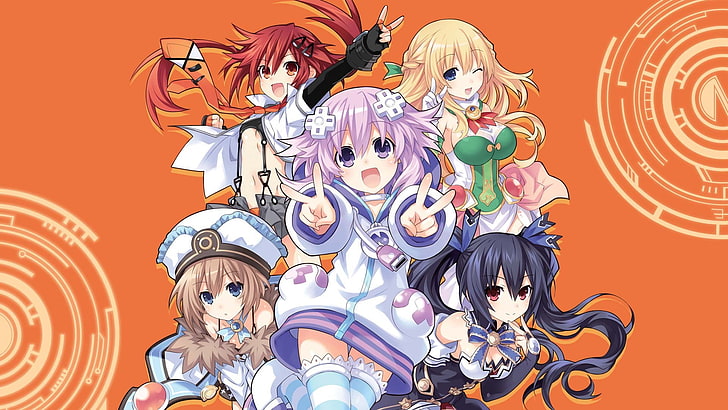Hyperdimension Neptunia, Noire (Hyperdimension Neptunia), Neptune (Hyperdimension Neptunia), Blanc (Hyperdimension Neptunia), Tennouboshi Uzume, Vert (Hyperdimension Neptunia), anime girls, Fond d'écran HD
