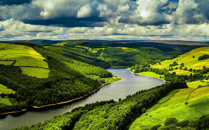 UK, river, fields, forest, clouds, nature scenery, UK, River, Fields, Forest, Clouds, Nature, Scenery, HD wallpaper