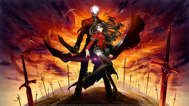 Fate / Stay Night: Blade Works Tanpa Batas, Archer (Fate / Stay Night), Tohsaka Rin, pedang, gadis anime, Wallpaper HD