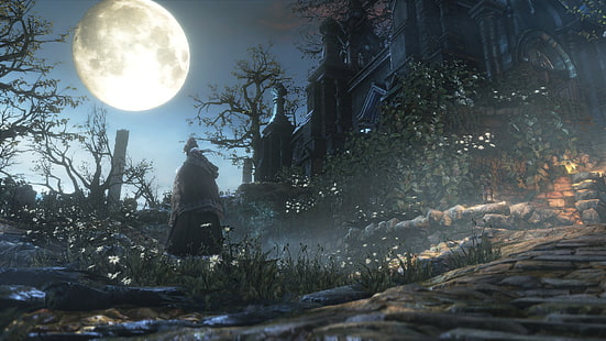 белая луна цифровые обои, Bloodborne, видеоигры, Hunter's Dream, HD обои HD wallpaper