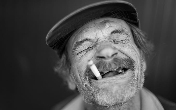 merokok, tertawa, pria, orang tua, Wallpaper HD