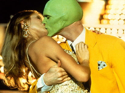 La película de la máscara todavía, máscara, jim carrey, cameron diaz, tina carlyle, verde, amarillo, disfraz, beso, Fondo de pantalla HD HD wallpaper