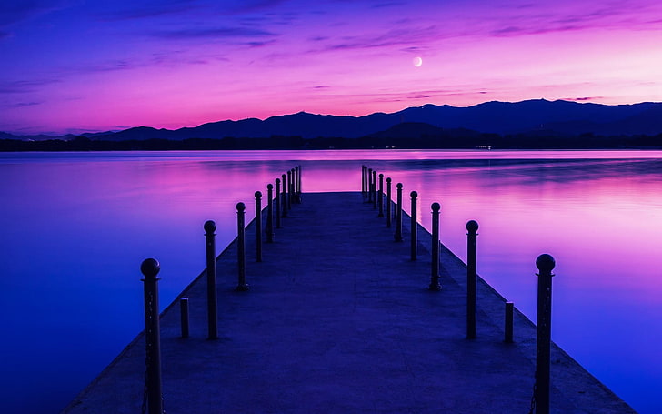湾、桟橋、写真、空、紫、水、 HDデスクトップの壁紙