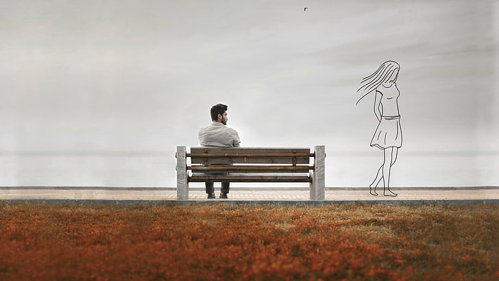 gray and brown wooden park bench, girl, memories, silhouette, guy, bench, Memory, HD wallpaper