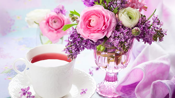 A cup of tea, lilac and rose, bouquet, vase, A, Cup, Tea, Lilac, Rose, Bouquet, Vase, HD wallpaper