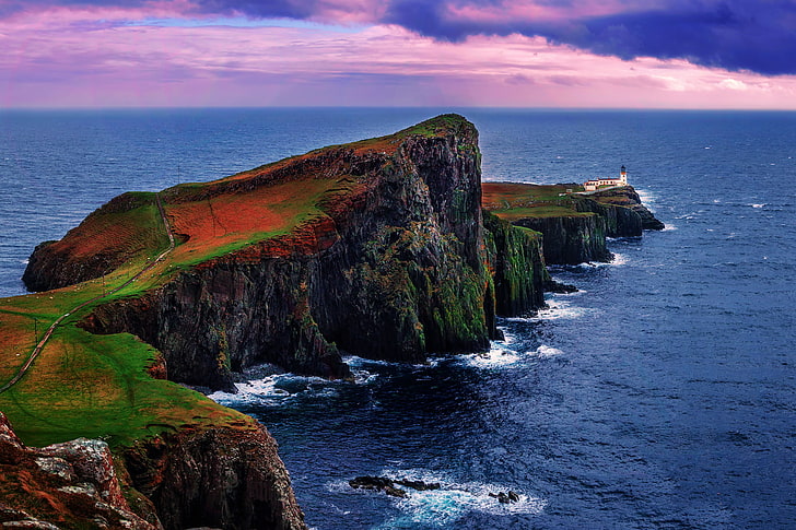 водоем, маяк, Шотландия, на краю, остров Скай, мыс Нейст, архипелаг Внутренних Гебридских островов, HD обои