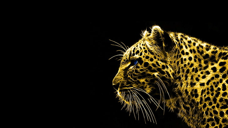 leopardo, animali, sfondo nero, Frattalius, leopardo (animale), arte digitale, sfondo semplice, Sfondo HD