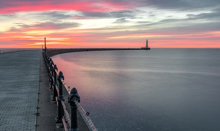 Sunrise, Sunderland, Seascape, Roker Pier, Sfondo HD