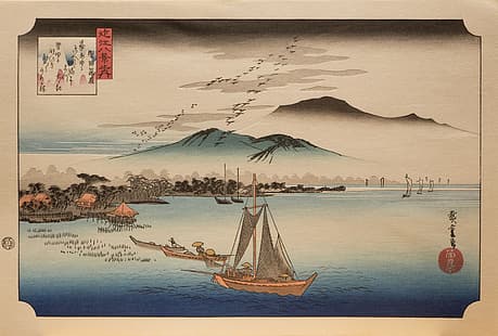 Utagawa Hiroshige, Holzschnitt, Japanische Kunst, Traditionelle Kunstwerke, See, Gänse, Boot, Fischerboot, Angeln, Bäume, Berge, Ufer, Wasser, Wolken, HD-Hintergrundbild HD wallpaper