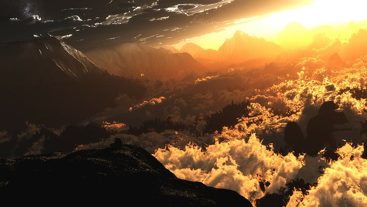 태양 광선, 산, 구름, 자연, HD 배경 화면