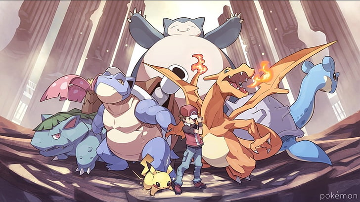Pokemon poster, Pokémon, Charizard, red, Lapras, Venusaur, Blastoise, Snorlax, Pikachu, HD wallpaper