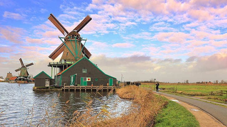 Нидерланды, ветряная мельница, река, небо, облака, коричневая мельница, Нидерланды, ветряная мельница, река, небо, облака, HD обои