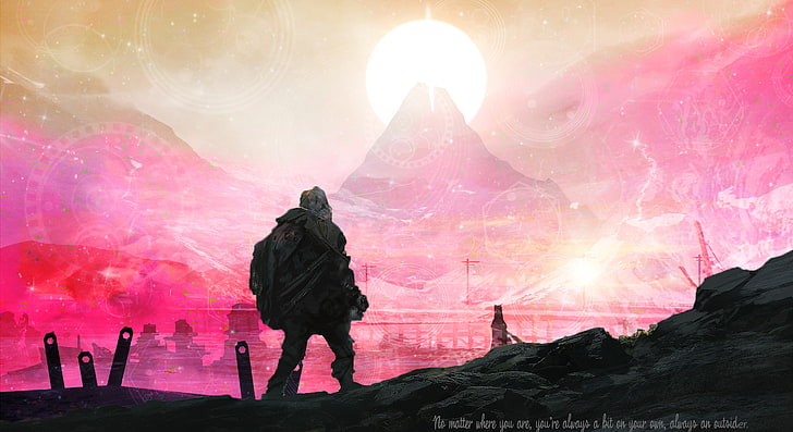 photo silhouette d'homme debout sur un rocher de montagne, citation, coloré, voyage dans le temps, voyage (jeu), montagnes, espace, soleil, la fin, Fond d'écran HD