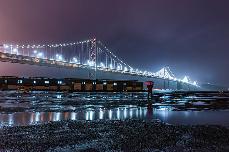 foto av hängbro över vattnet, kallt, vått, morgon, foto, hängbro, vattnet, Bay Bridge, San Francisco, selfie, Bay Area, bridge - konstgjord struktur, berömd plats, arkitektur, flod, uSA, natt, stadsbild, HD tapet