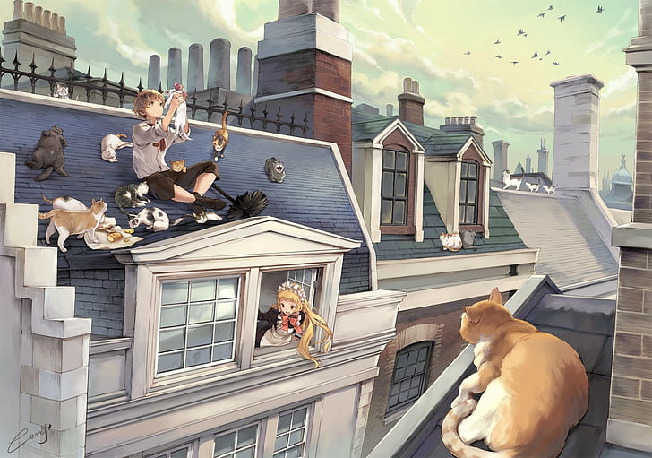 Anime, Landschaft, Katze, Dächer, HD-Hintergrundbild