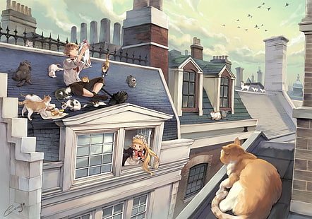 anime, landscape, cat, rooftops, HD wallpaper HD wallpaper