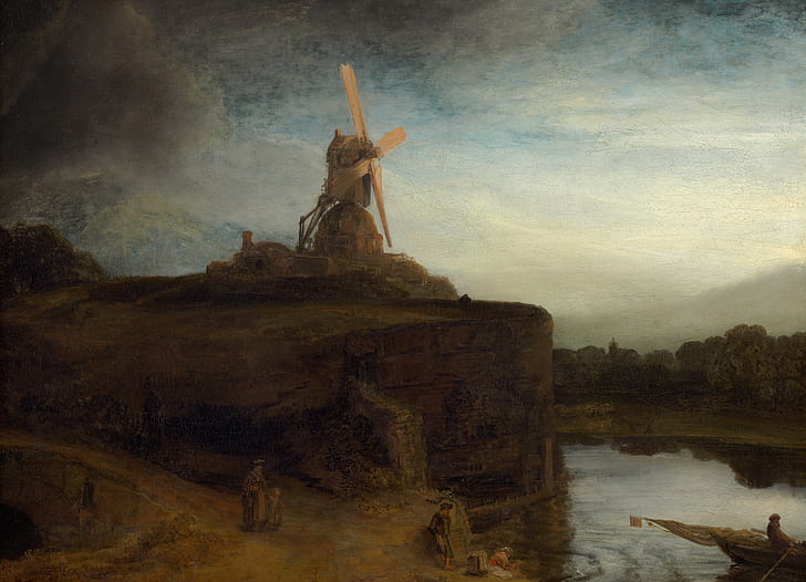 krajobraz, obraz, Mill, Rembrandt van Rijn, Tapety HD