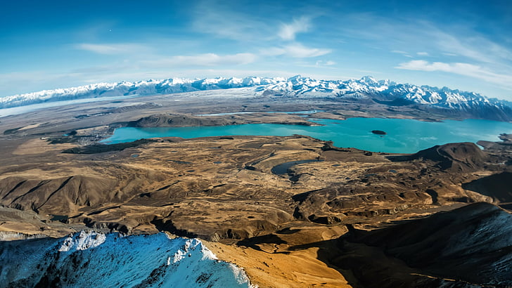 szaro-białe zdjęcie góry zrobione w ciągu dnia, jezioro Tekapo, 5k, tapeta 4k, South Island, Nowa Zelandia, rezerwacja, odpoczynek, podróże, góry, niebo, chmury, wakacje, Tapety HD