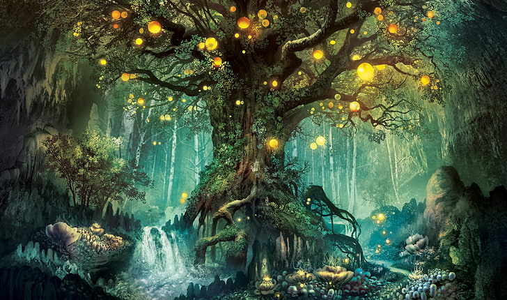дърво на живота тапет, дървета, гора, фантазия, фантастичен свят, HD тапет