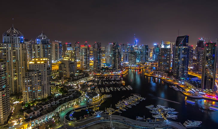сгради, град, Дубай, пристанище, светлини, яхтено пристанище, нощ, панорама, пътища, небостъргач, ОАЕ, HD тапет