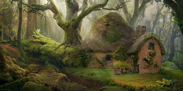 maison hobbit brune, maison, nature, forêt, art fantastique, Fond d'écran HD