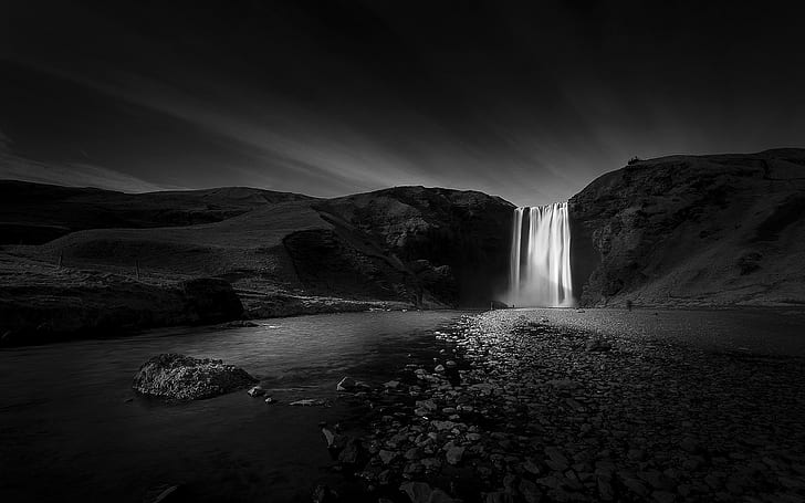 landscape, waterfall, monochrome, dark, black, hills, river, HD wallpaper