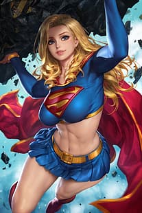 Supergirl, DC Comics, superbohaterki, dziewczyna fantasy, blondynka, długie włosy, niebieskie oczy, uśmiechnięta, kostiumy, spódniczka mini, peleryna, brzuch, grube udo, fantasy art, grafika, rysunek, sztuka cyfrowa, ilustracja, fan art, NeoArtCorE (artysta), Tapety HD HD wallpaper