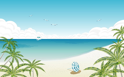 ilustracja plaży, plaża, palmy, parasol, brzeg, wektor, jacht, Tapety HD HD wallpaper