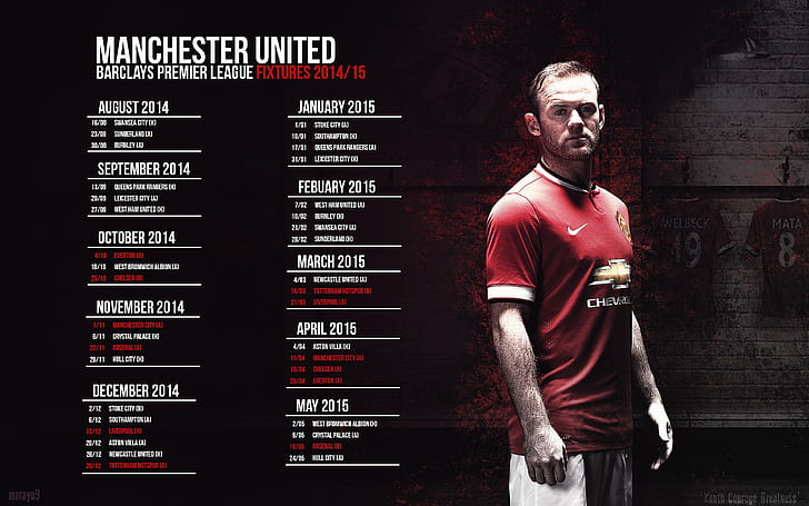 Матч Манчестер Юнайтед 2014/15, Манчестер Юнайтед Барклайс Премьер-лига, Манчестер Юнайтед, расписание 2014/15, Уэйн Руни, HD обои