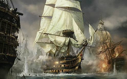 mar, navio velho, navio, obras de arte, videogames, Empire: Total War, HD papel de parede HD wallpaper