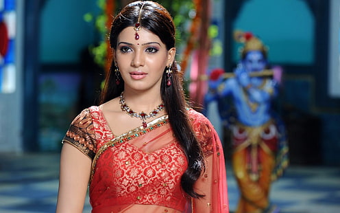 abito da sari con scollo a V bianco e rosso da donna, attrici, Samantha Ruth Prabhu, Samantha Akkineni, Sfondo HD HD wallpaper