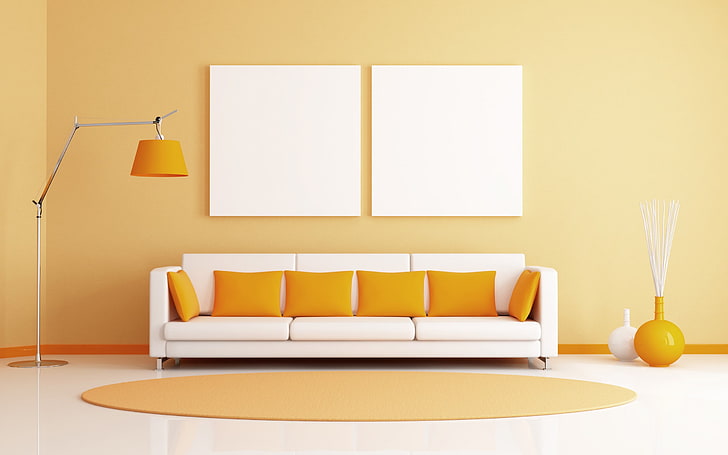 Sofá e almofadas da sala laranja, couro moderno sofá moderno de meados do século, 3 lugares, outros, laranja, sofá, quarto, almofadas, HD papel de parede