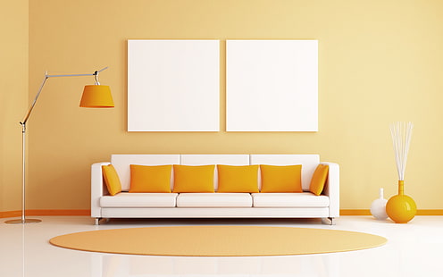 Sofá e almofadas da sala laranja, couro moderno sofá moderno de meados do século, 3 lugares, outros, laranja, sofá, quarto, almofadas, HD papel de parede HD wallpaper