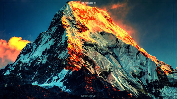 заснежени планински тапети, планини, връх Еверест, слънчева светлина, дигитално изкуство, HD тапет