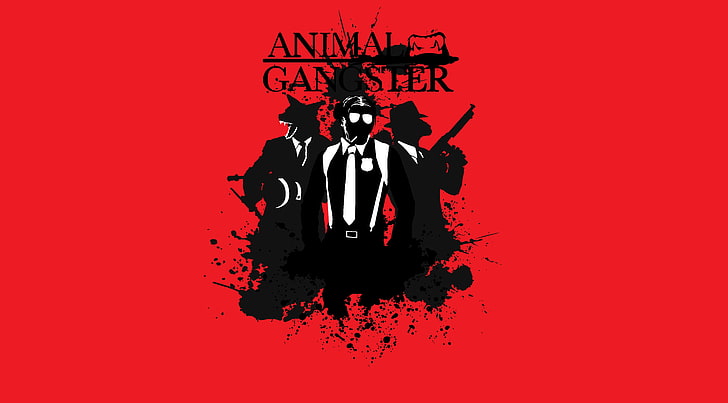 Animal Gangster illustration, minimalism, American Gangster, tommy gun, paint splatter, red background, HD wallpaper