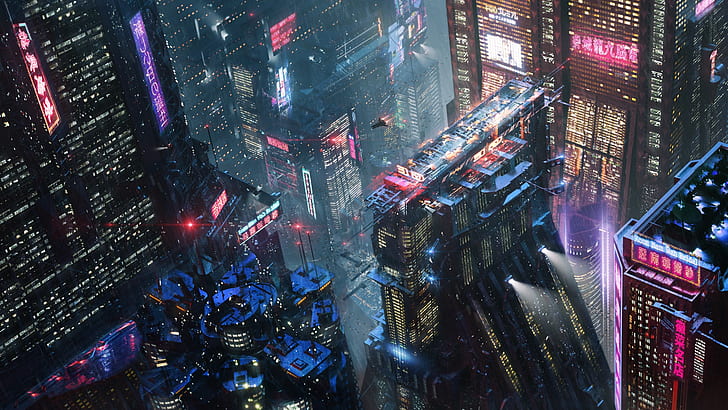 Night, The city, Future, Neon, Rain, Skyscrapers, City, Architecture, Fiction, Concept Art, Cyberpunk, Erik Osvald, by Erik Osvald, Dubnica 2077, HD wallpaper