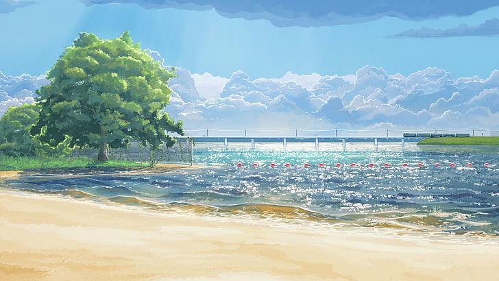 海岸の絵画、ArseniXC、永遠の夏、ビーチ、海、雲、木、アートワークの近くの緑の木、 HDデスクトップの壁紙
