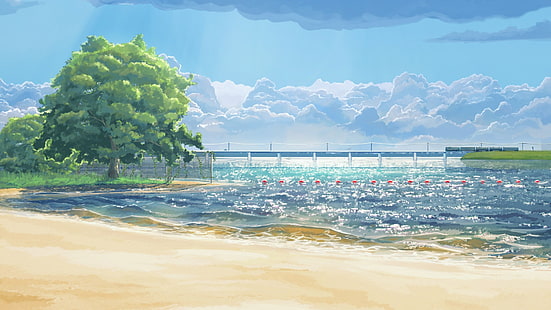 зеленое дерево у берега, живопись, ArseniXC, Вечное лето, пляж, море, облака, деревья, произведение искусства, HD обои HD wallpaper