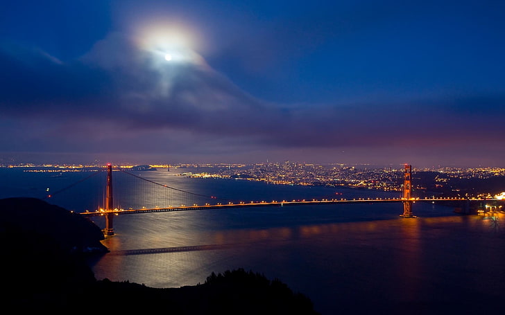 الجسر الخرساني الأحمر ، جسر البوابة الذهبية ، سان فرانسيسكو ، سيتي سكيب ، الليل ، الجسر، خلفية HD