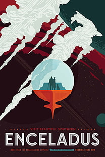 JPL (Jet Propulsion Laboratory), science fiction, Travel posters, Enceladus, material style, space, NASA, planet, HD wallpaper HD wallpaper