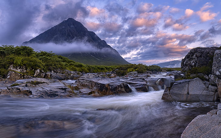 landscape photography of mountain and river during day time, landscape photography, mountain, day, time, Scotland, Highlands, Glencoe, Buachaille Etive Mor, Stob Dearg, River, nature, landscape, scenics, outdoors, rock - Object, water, beauty In Nature, HD wallpaper