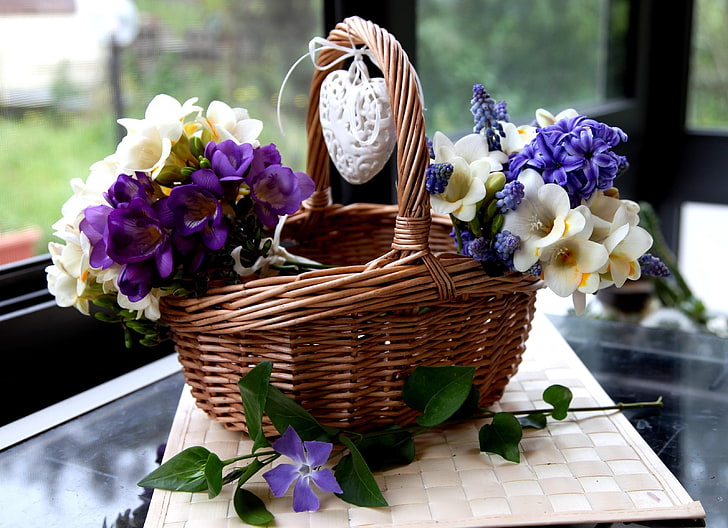 brown basket, freesia, muscari, hyacinth, periwinkle, flowers, basket, heart, HD wallpaper