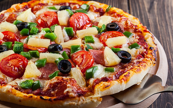 food, pizza, tomatoes, olives, pineapples, HD wallpaper