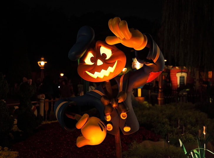 Donald Duck scarecrow, halloween, holiday, sailor, pumpkin, lights, greeting, HD wallpaper