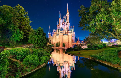château en béton brun, ciel, étoiles, arbres, parc, rivière, États-Unis, Disneyland, Orlando, château de Cendrillon, Fond d'écran HD HD wallpaper