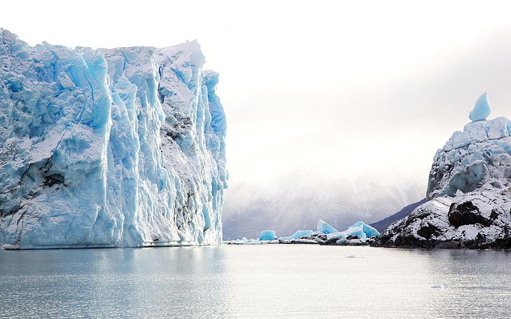 plan d'eau calme, nature, paysage, hiver, iceberg, mer, nuages, montagnes, Argentine, Patagonie, brume, neige, cyan, lumineux, eau, Fond d'écran HD