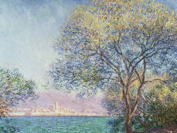 dipinto di albero verde, paesaggio, città, albero, foto, Claude Monet, Antibes al mattino, Sfondo HD
