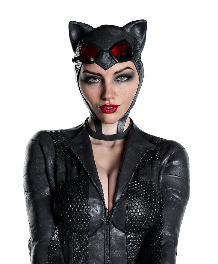 artwork, digital art, women, Catwoman, Batman, mask, red lipstick, cleavage, looking at viewer, white background, simple background, face, makeup, HD wallpaper