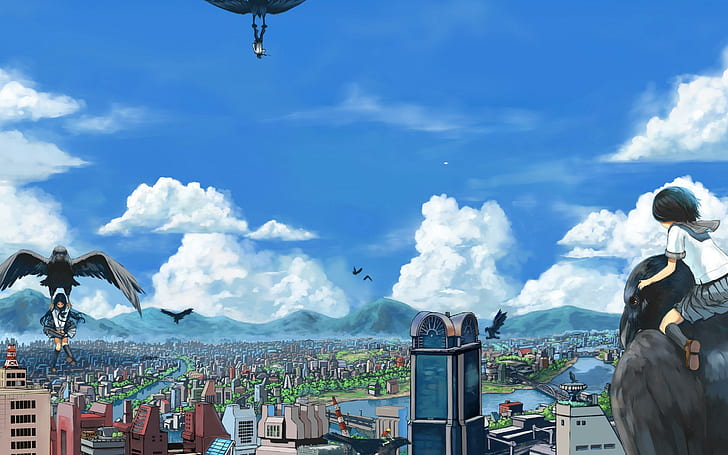 People traveling on birds, anime poster, anime, 2880x1800, bird, city, crow, people, HD wallpaper