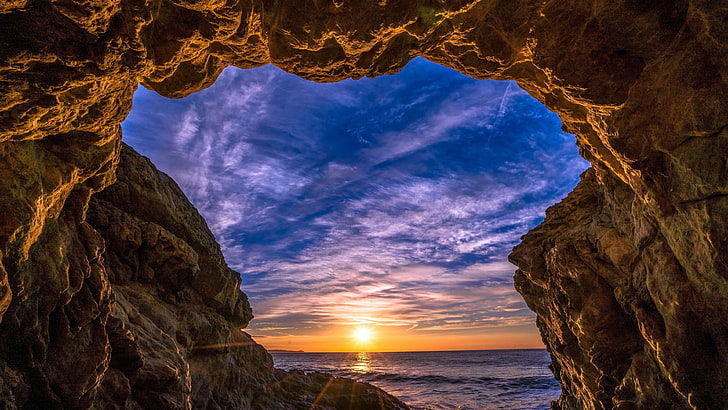 sky, nature, rock, formation, sea cave, cave, sun, cloud, sea, sunlight, sunset, water, HD wallpaper